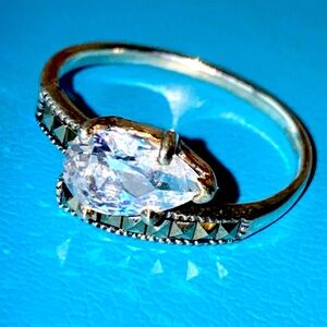 Sterling silver pear shaped CZ Marcasite  asymmetrical vintage ring